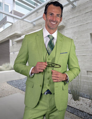 Statement Platinum 3pc Tailored Tailored Fit Solid Color Suit. Super 180\'s Italian Fabric| LAZARO| Pistachio