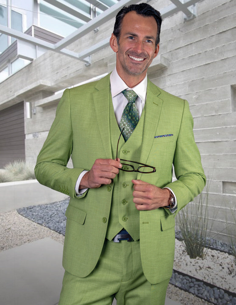 Statement Platinum 3pc Tailored Tailored Fit Solid Color Suit. Super 180\'s Italian Fabric| LAZARO| Pistachio