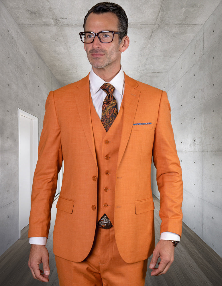 Statement Platinum 3pc Tailored Tailored Fit Solid Color Suit. Super 180\'s Italian Fabric| LAZARO| Rust