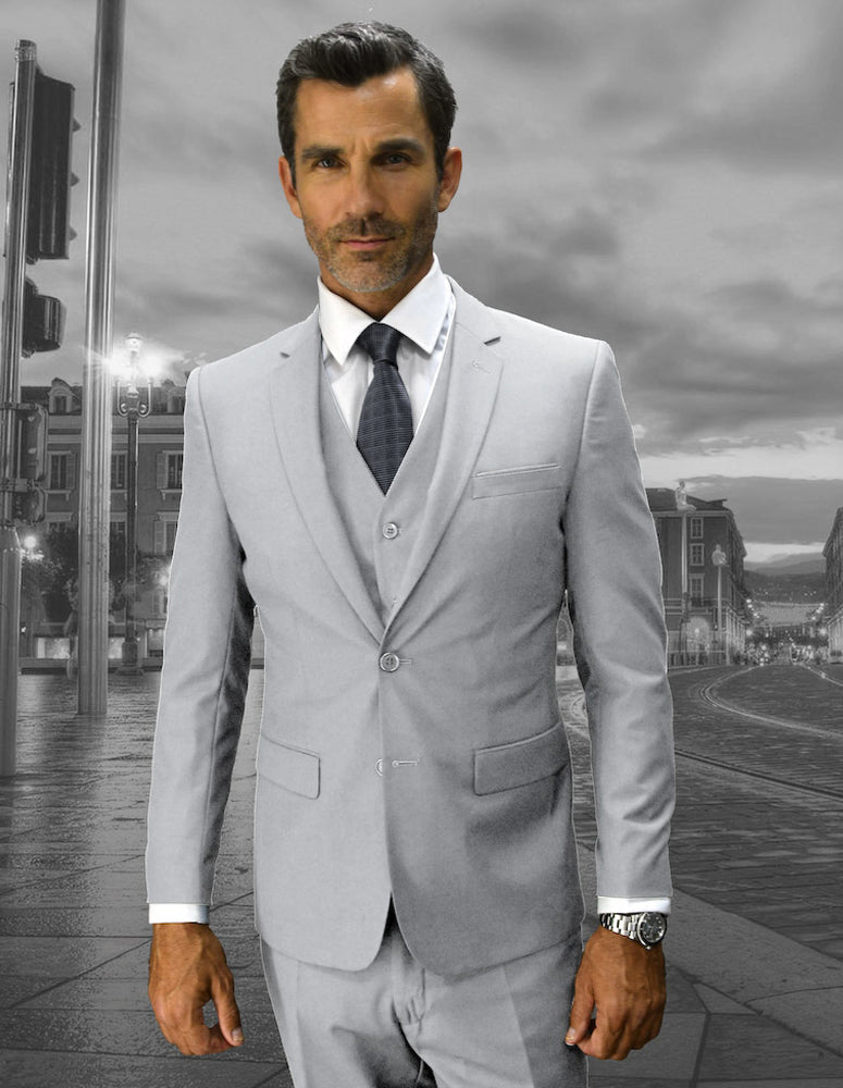 Men’s Ash solid 3pc suit slim fit flat-front pants super 150’s wool STATEMENT SUITS LORENZO