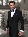 Men’s Black solid 3pc suit slim fit flat-front pants super 150’s wool STATEMENT SUITS LORENZO