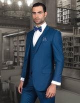 Men’s Blue solid 3pc suit slim fit flat-front pants super 150’s wool STATEMENT SUITS LORENZO