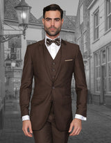 Men’s Brown solid 3pc suit slim fit flat-front pants super 150’s wool STATEMENT SUITS LORENZO