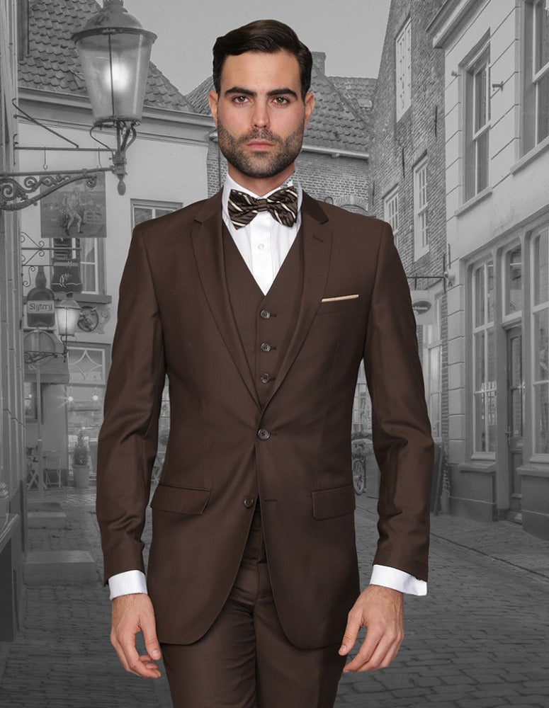 Men’s Brown solid 3pc suit slim fit flat-front pants super 150’s wool STATEMENT SUITS LORENZO