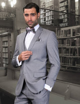 Men’s Grey solid 3pc suit slim fit flat-front pants super 150’s wool STATEMENT SUITS LORENZO