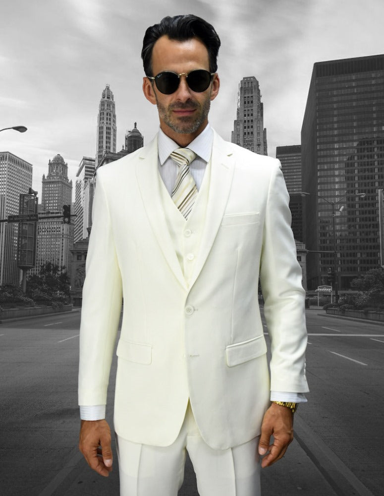 Men’s Off-White solid 3pc suit slim fit flat-front pants super 150’s wool STATEMENT SUITS LORENZO