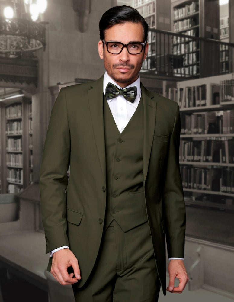 Men’s Olive solid 3pc suit slim fit flat-front pants super 150’s wool STATEMENT SUITS LORENZO