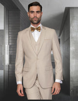 Men’s Tan solid 3pc suit slim fit flat-front pants super 150’s wool STATEMENT SUITS LORENZO