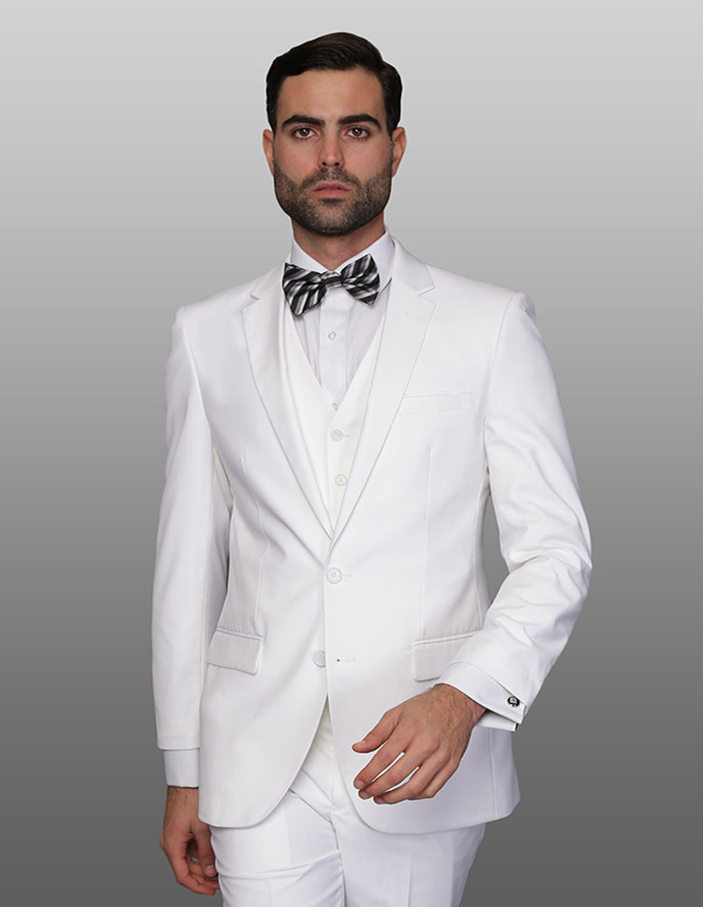 Men’s White solid 3pc suit slim fit flat-front pants super 150’s wool STATEMENT SUITS LORENZO