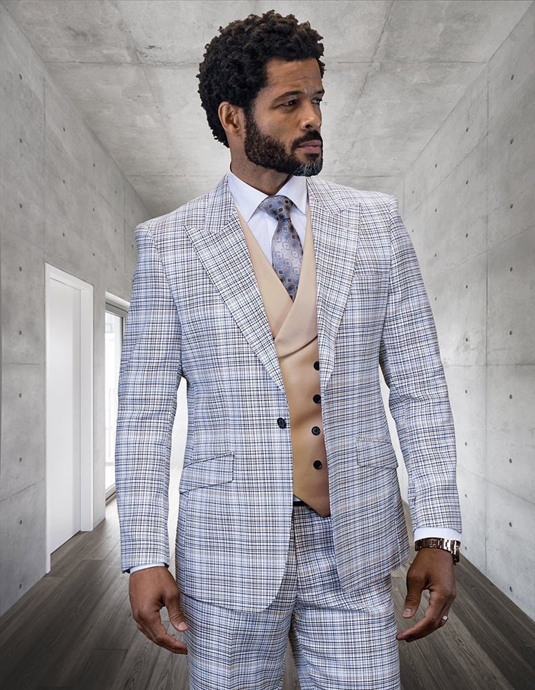 3pc Plaid Suit With Solid Color Contrast Double Breasted Vest. Super 180\'s Italian Wool Fabric. Modern Fit Flat Front Pants| LOUIS| Camel
