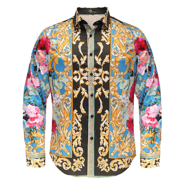 green emerald velvet dress Elegant Baroque Classic Design Luxury Printed Button-up Metallic Printed  Baroque Long Sleeve Shirt For Men – Jonvidesign main image 0
