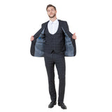 Men's Skinny-Fit Glen Plaid 3pc Suit Set w/ U-Neck Vest