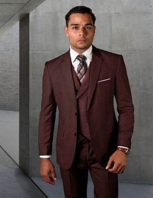 3pc Burgundy Suit Modern Fit Flat Front Pants With Double Breasted Vest. Super 150\'s Italian Wool Fabric| MARCO| Burgundy