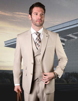 Men’s Tan solid 3pc suit classic fit pleated pants double‑breasted vest super 150’s italian wool STATEMENT SUITS MESSINA