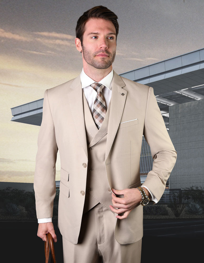 Men’s Tan solid 3pc suit classic fit pleated pants double‑breasted vest super 150’s italian wool STATEMENT SUITS MESSINA
