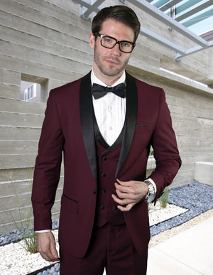 3pc Tailored Fit Tuxedo Suit. Super 150\'s Italian Fabric| MGM| Burgundy