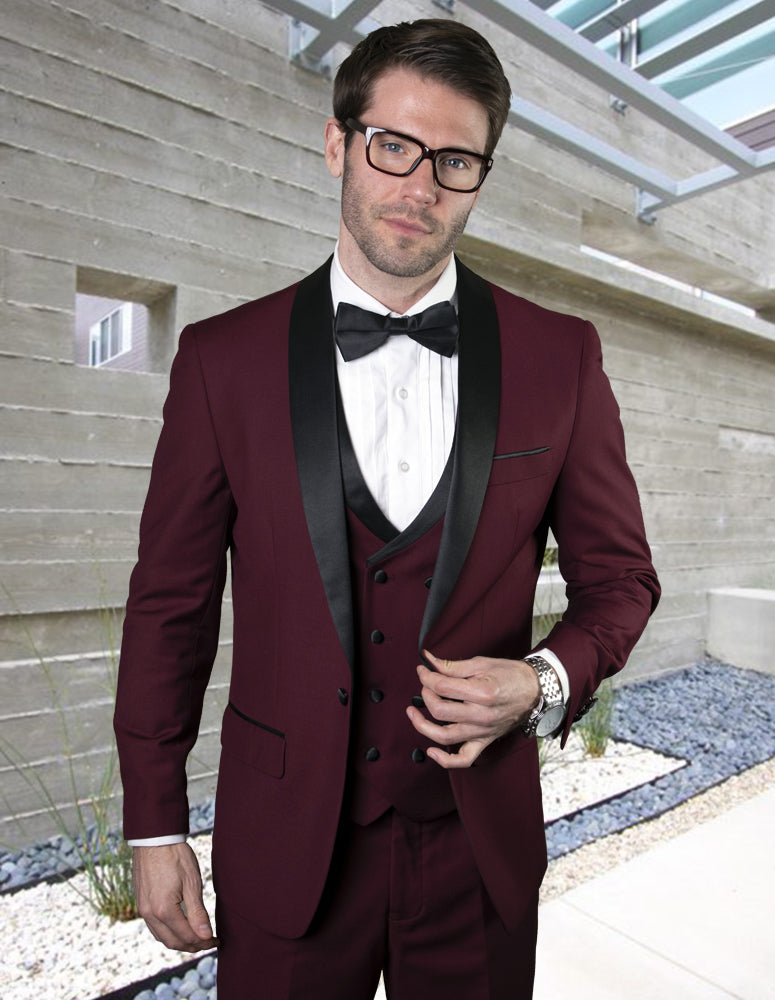 3pc Tailored Fit Tuxedo Suit. Super 150's Italian Fabric| MGM| Burgundy