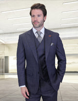 Men’s Indigo 3-piece suit modern fit Italian Super 200’s wool flat front pants double-breasted vest STATEMENT SUITS MONTE
