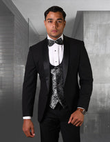 Men’s Black 3pc tuxedo flat front pants coop neck vest STATEMENT SUITS PALMERO