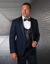 Men’s Indigo 3pc tuxedo flat front pants coop neck vest STATEMENT SUITS PALMERO