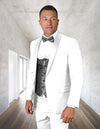 Men’s White 3pc tuxedo flat front pants coop neck vest STATEMENT SUITS PALMERO