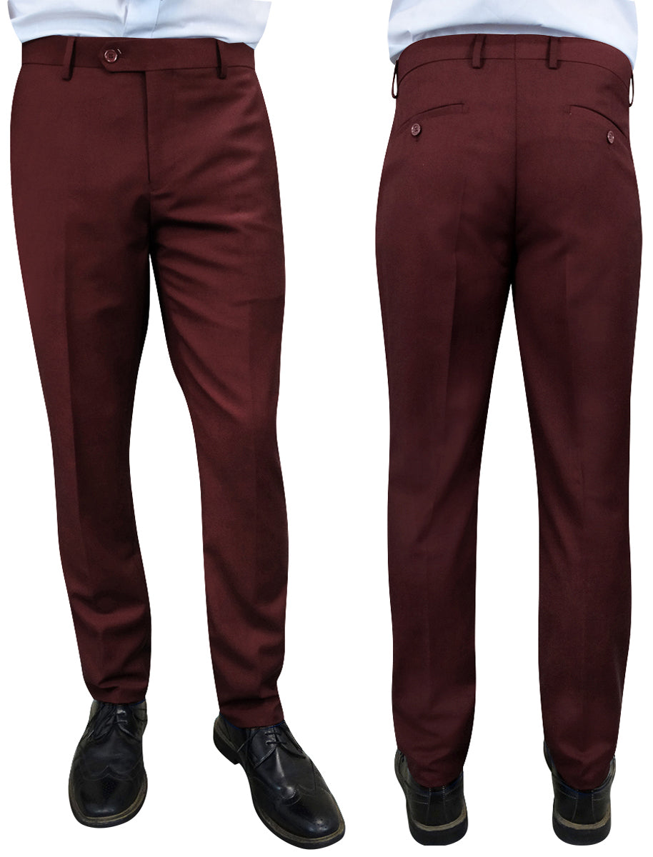 Men’s Burgundy slim fit flat-front pants super 150’s wool STATEMENT SUITS PL-100