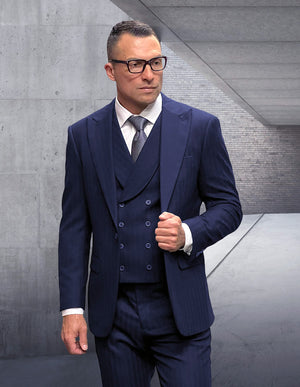 3Pc Herringbone Single Breasted 1 Button Suit. Peak Lapel With Double Breasted Vest. Super 200\'S Italian Wool And Cashmere| POSITANO| Navy