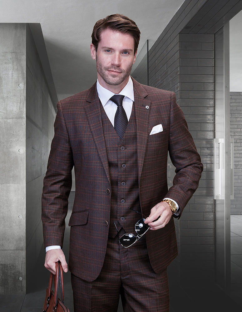 3pc Plaid Suits Super 200\'s Italian Wool And Cashmere. Modern Fit Flat Front Pants| SANTORI| Copper