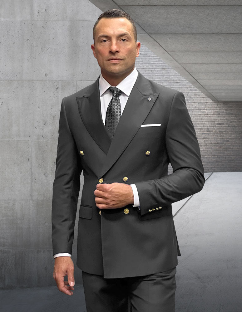 2Pc Heather Charcoal Tailored Fit Flat Front Pants Double Breasted Suit With Gold Buttons. Super 180'S Italian Wool Fabric| SD-100| H.CHARCOAL