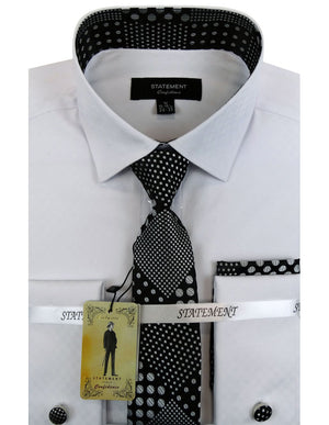 Men's Dress Shirt with Matching Tie, Hankie and Cufflinks 100% Cotton | SH-3002-White-Black