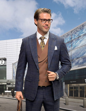 3Pc Single Breasted 1 Button Peak Lapel Plaid Suit With Solid Color Matching Vest. Super 200\'S Italian Wool And Cashmere. Modern Fit Flat Front Pants| SORENTO| Midnight