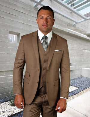 Statement Platinum 3pc Tailored Fit Suit Flat Front Pants Super 180\'s Italian Wool Fabric| STZV-101| Caramel
