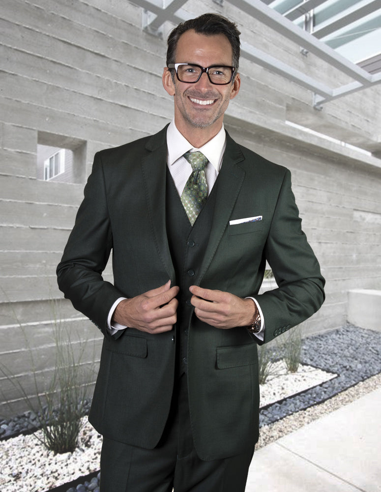 Statement Platinum 3pc Tailored Fit Suit Flat Front Pants Super 180\'s Italian Wool Fabric| STZV-101| Hunter