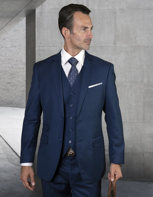 Statement Platinum 3pc Tailored Fit Suit Flat Front Pants Super 180\'s Italian Wool Fabric| STZV-101| Sapphire