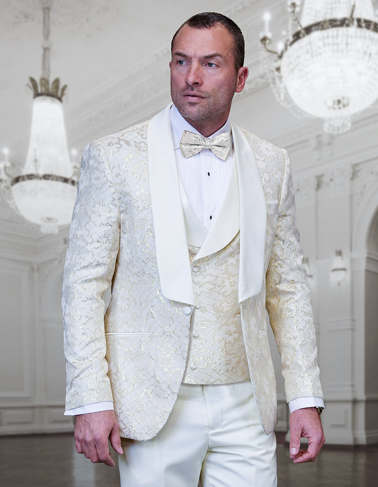 3Pc Fancy Tuxedo With Solid Color Pants. Modern Fit Flat Front Pants Including Bow Tie| TIZANO| Offwhite