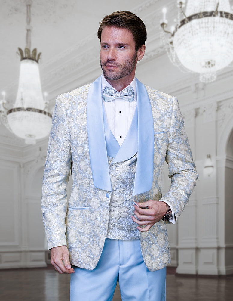 3Pc Fancy Tuxedo With Solid Color Pants. Modern Fit Flat Front Pants Including Bow Tie| TIZANO| Skyblue