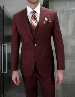 Men’s 3pc Solid Suit Tailored Fit Flat Front Pants Super 150’s Prime Fabric | STZV-102-Burgundy