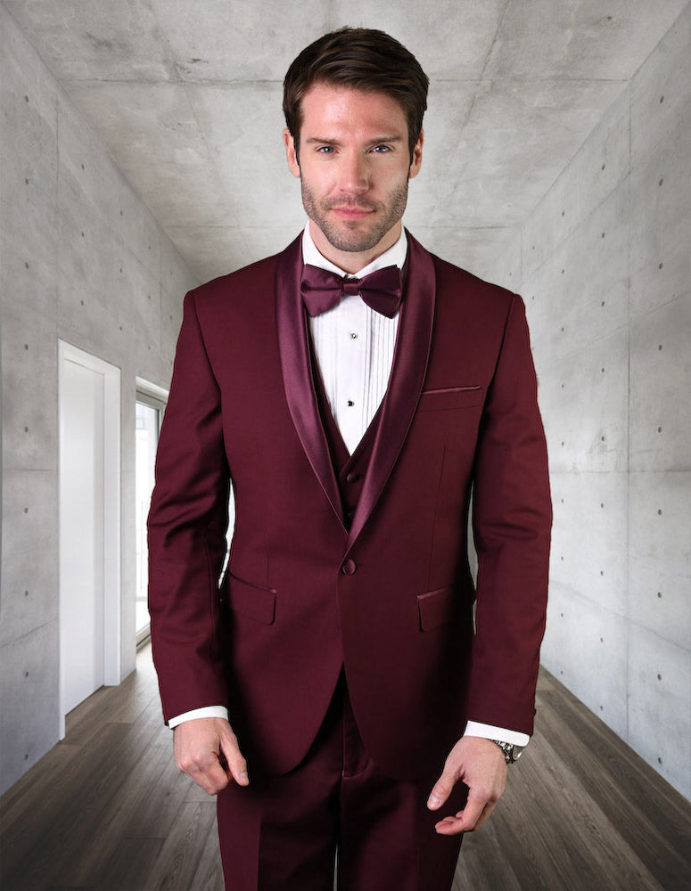 Stacy Adams Men's Premium Burgundy-Maroon Modern Fit Three Piece One Button  Peak Lapel Suit - King Formal Wear