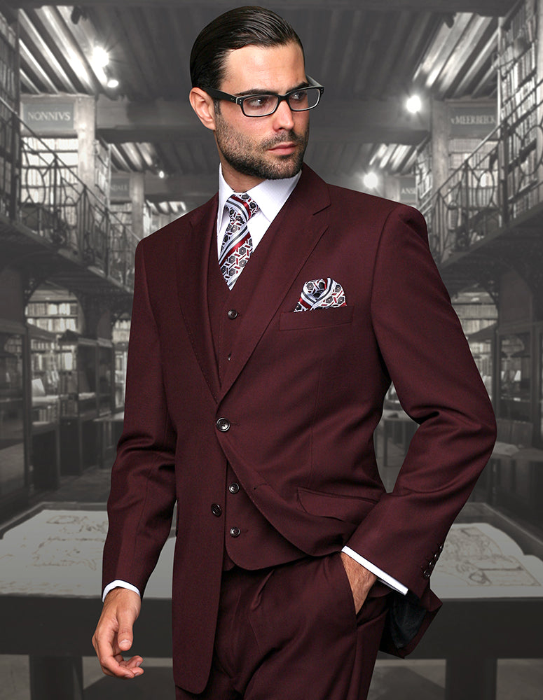 3 Pc. Platinum Bold Black Pinstripe Suit Regular Fit Pleated Pants Super 180’s Italian Wool | TZ-100BG-Burgundy