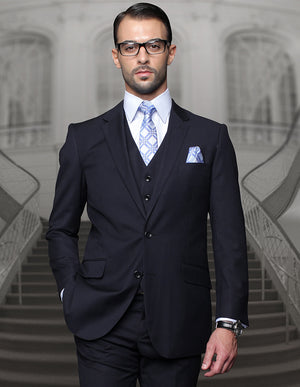 3 Pc. Platinum Bold Black Pinstripe Suit Regular Fit Pleated Pants Super 180’s Italian Wool | TZ-100BG-Navy