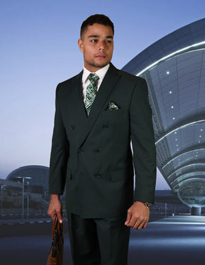 APPLE GREEN SOLID COLOR SUIT. 3PC MODERN FIT FLAT FRONT PANTS WITH DOUBLE BREASTED VEST. SUPER 180'S ITALIAN WOOL | TZD-100-Hunter