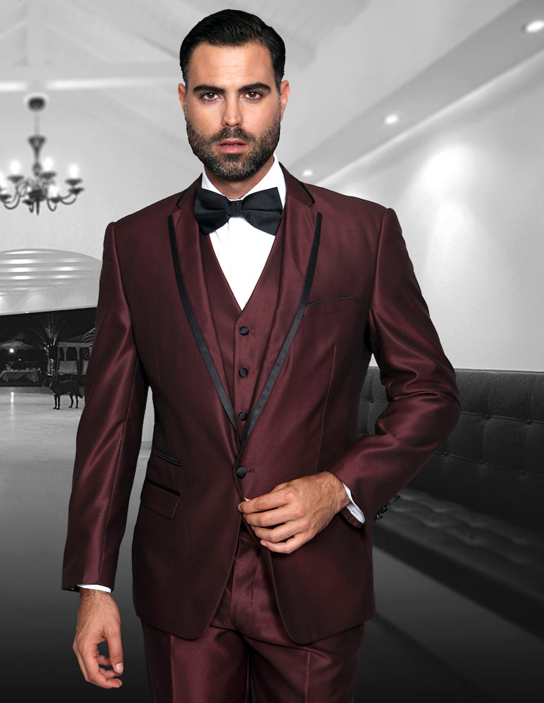 3PC TUXEDO TAILORED FIT FLAT FRONT PANTS INCLUDING MATCHING BOW TIE | VENETIAN-Burgundy