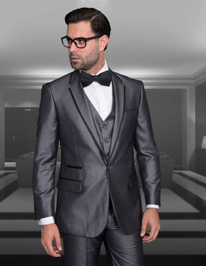 3PC TUXEDO TAILORED FIT FLAT FRONT PANTS INCLUDING MATCHING BOW TIE | VENETIAN-Grey