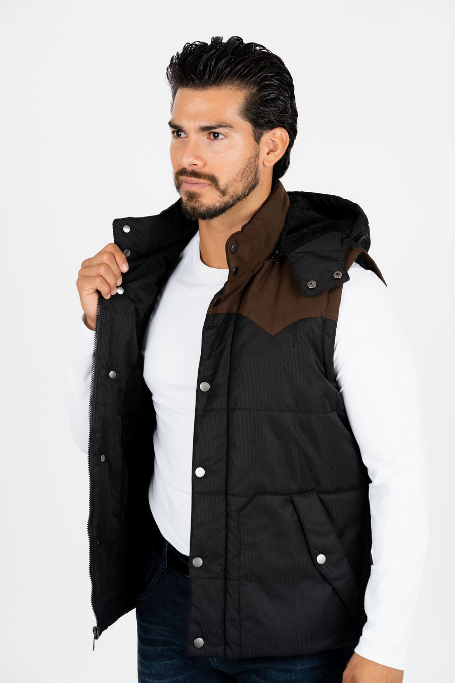 Men's Black Padded Hooded Vest with Faux Fur Lining | VST8828