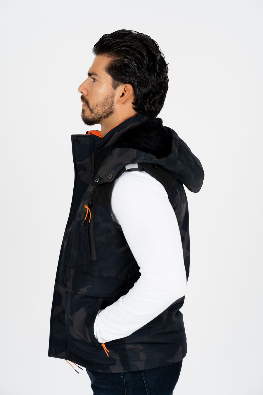 Men's Navy Padded Hooded Vest with Faux Fur Lining | VST8885