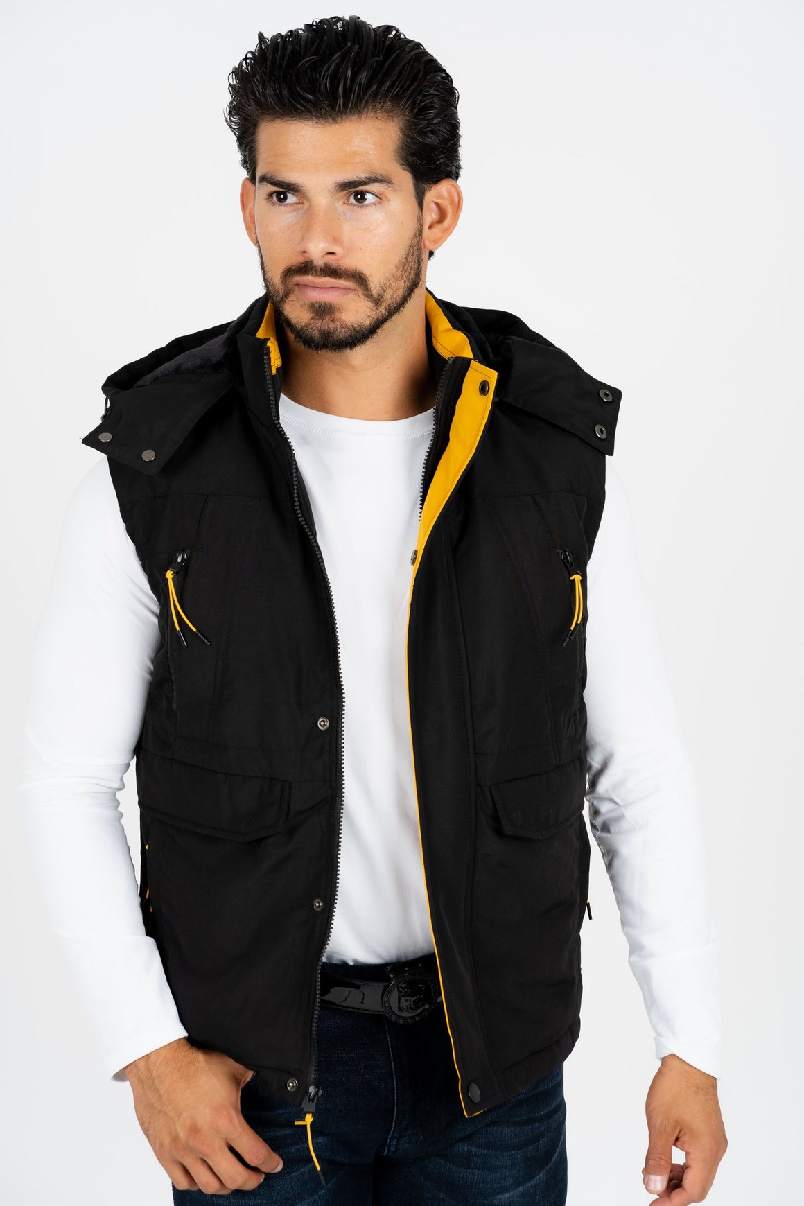 Men's Black Padded Hooded Vest with Faux Fur Lining | VST8886