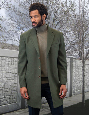 Men's Single Breasted Coat Jacket 100% Wool and Cashmere | WJ-100-Olive