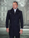 Men’s Black wool cashmere over coat Modern Fit removable underpiece zipper STATEMENT SUITS WJ-105