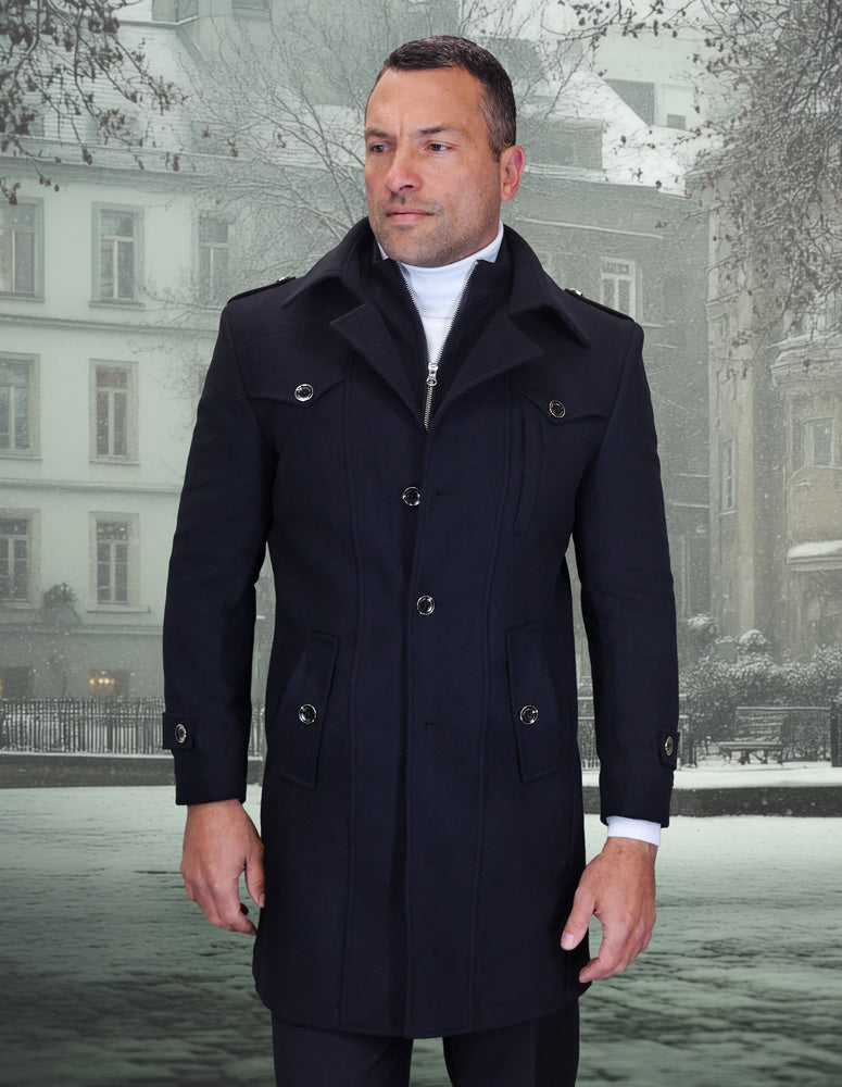 Men’s Black wool cashmere over coat Modern Fit removable underpiece zipper STATEMENT SUITS WJ-105