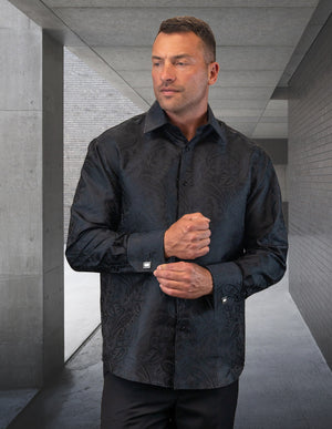 Men's Dress Shirt Long Sleeves Fancy Woven with Cuff Links | WS-100-Black